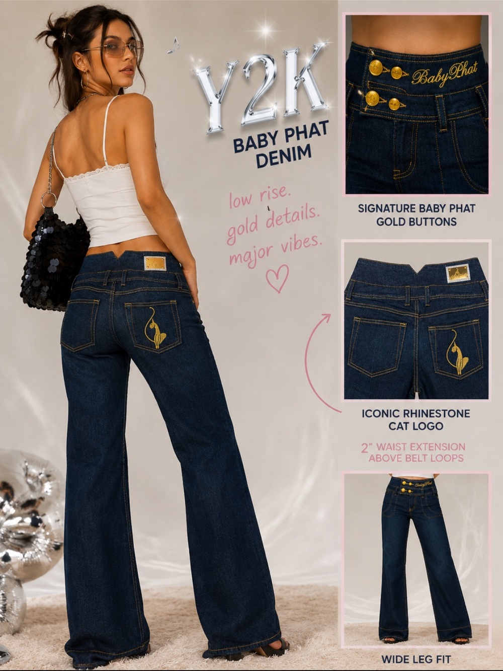 Baby Phat Dark Indigo Wide Leg Jeans with Gold Details